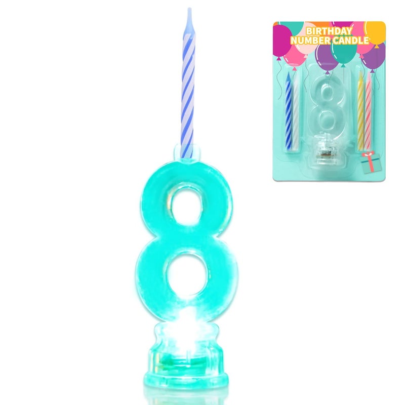 Novelty Place Birthday Number Candle Set, Flashing Multicolor Changing LED Birthday Cake Topper with 4 Wax Candles (Number 8) - Image 1